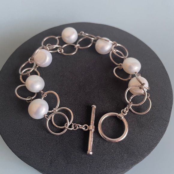 Vintage 925 Sterling Silver Double-Strand Bracelet Freshwater Pearl Toggle Clasp - Picture 2 of 5